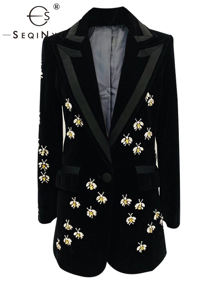 

SEQINYY Black Long Jacket Spring Autumn New Fashion Design Women Runway High Street Vintage Animal Beading Velvet Blazer