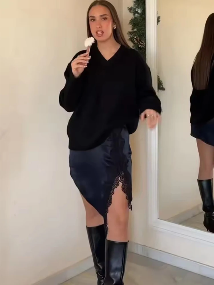 Women Solid Lace Splice Skirt Elegant Mini Skirts 2026 New Fashion Satin Lady Spring Summer Evening Party Skirts ﻿ ﻿