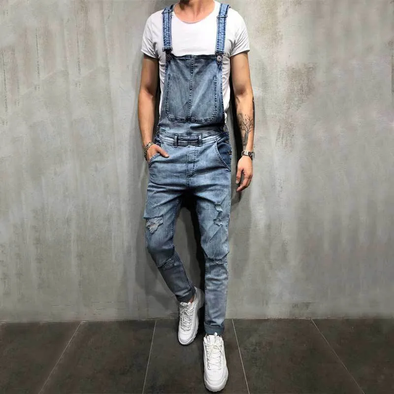 Men's Biker Jeans Bib Overalls Jumpsuits Streetwear Casual Stretch Ripped Dungarees Strap Jeans