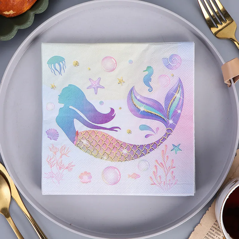 

20Pcs/Pack Cartoon Mermaid Printed Disposable Napkins Paper Tissues Tableware Wedding Party Decoration Table Accessories