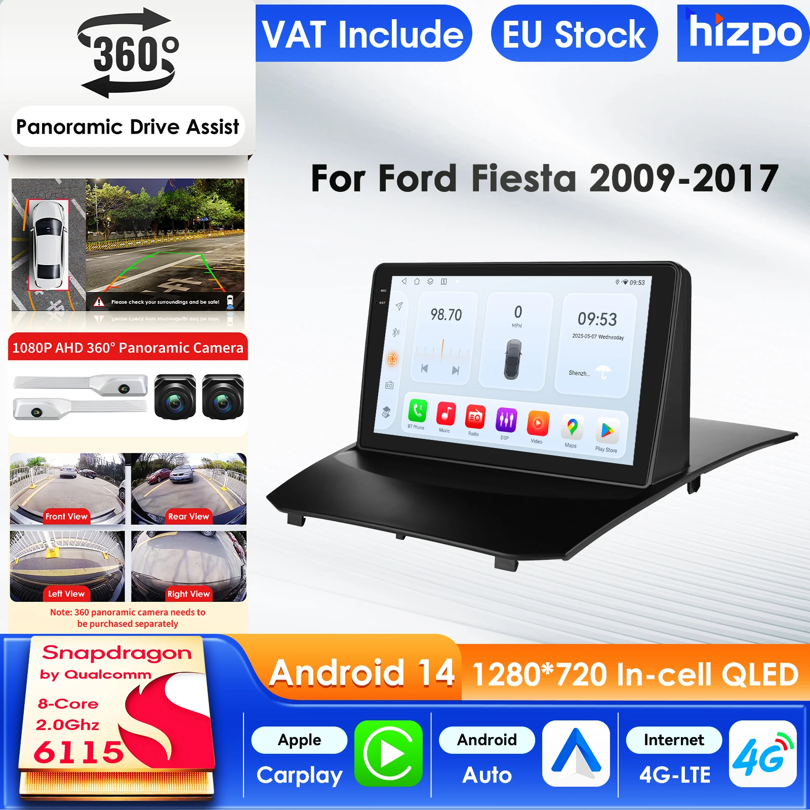 Hizpo Carplay 2din 4G 8581 AI Systeme Android 14 Autoradio für Ford Fiesta 2009–2017 Multimedia Video Player GPS Autoradio RDS