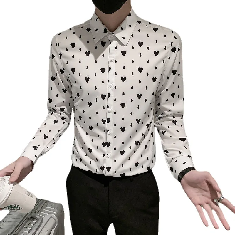 

Men's Love Full Print Fragmented Blossom Shirt Fashion Long Sleeve Korean Version Summer New Raspy Blossom Shirt Slim Fit Shirt