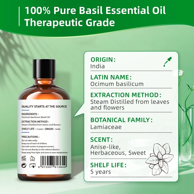 HIQILI 100ML Basil Essential Oils,100% Pure Nature for Aromatherapy, Diffuser, Humidifier, Massage, Energy, Improvement sleep - Image 3