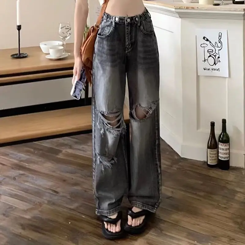 Spring/Summer Set Women's Korean Spicy Girl Wearing Bubble Sleeve Shirt Personalized Perforated Jeans Two Piece Set