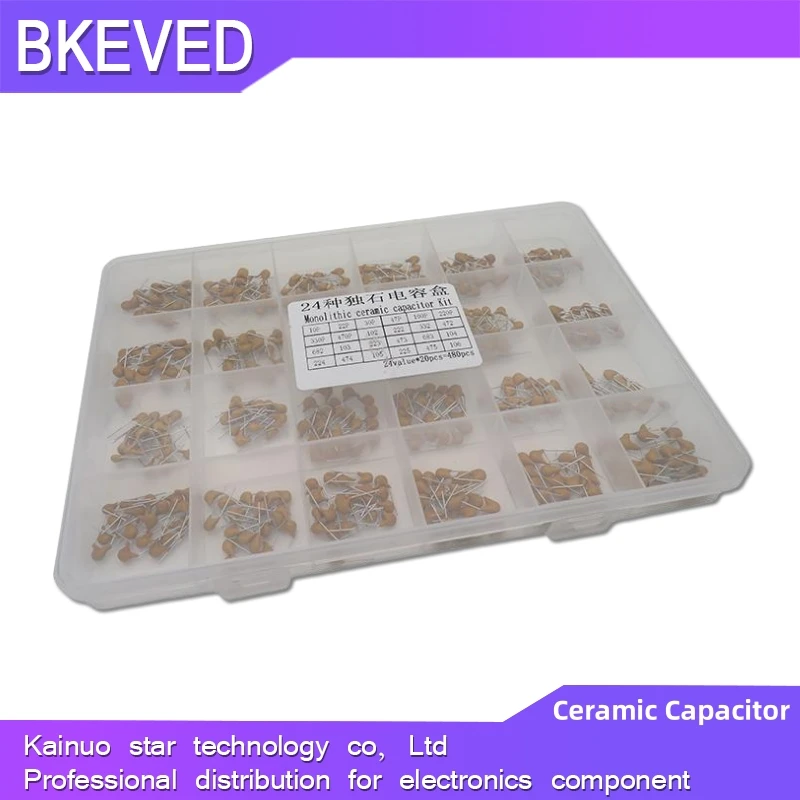 

24Values*20PCS =480PCS Monolithic Ceramic Capacitor 10pF~10uF Ceramic Capacitor Assorted Kit with Box