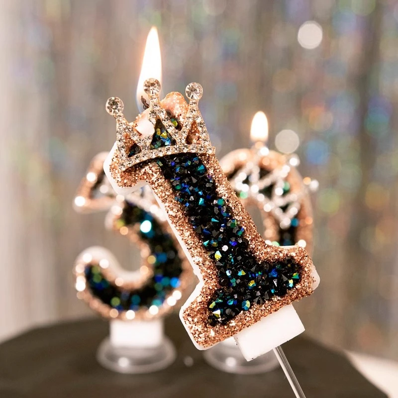 Black Diamond Crown Candle 0-9 Number Happy Birthday Cake Candles Birthday Candle Cake Topper Decoration Wedding Party Decor