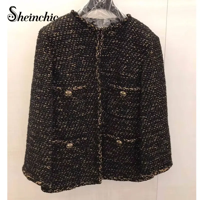 

Luxury Designer Black Wool & Blends Coats European Runway O-neck Woven Tweed Jacket for Women Brand Autumn Winter Clothes