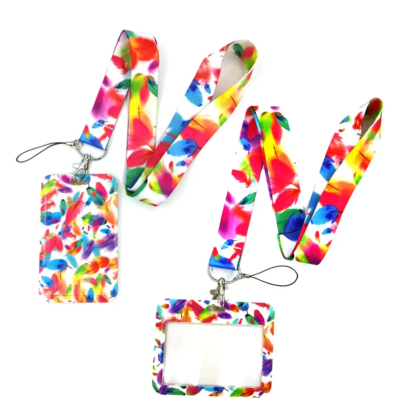 

Feather Leave Rainbow Color Lanyard Keys Phone Holder Funny Neck Strap With Keyring ID Card DIY Animal webbing ribbons Hang Rope