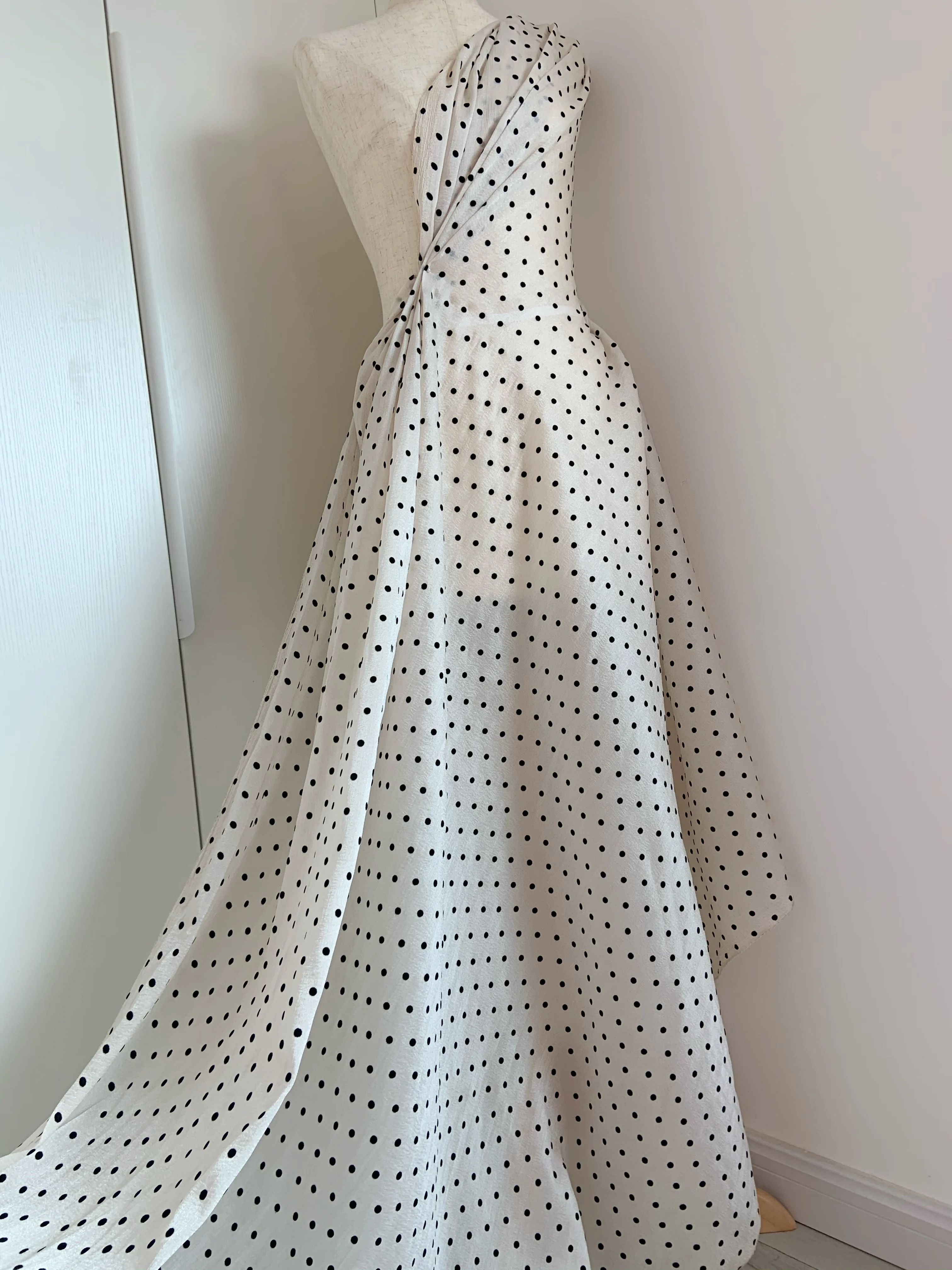 

1 Yard Ivory Satin Fabric with Velvet Point Elegant Flocked Polka Dots Charmeuse for Haute Couture Apparel Well Drape