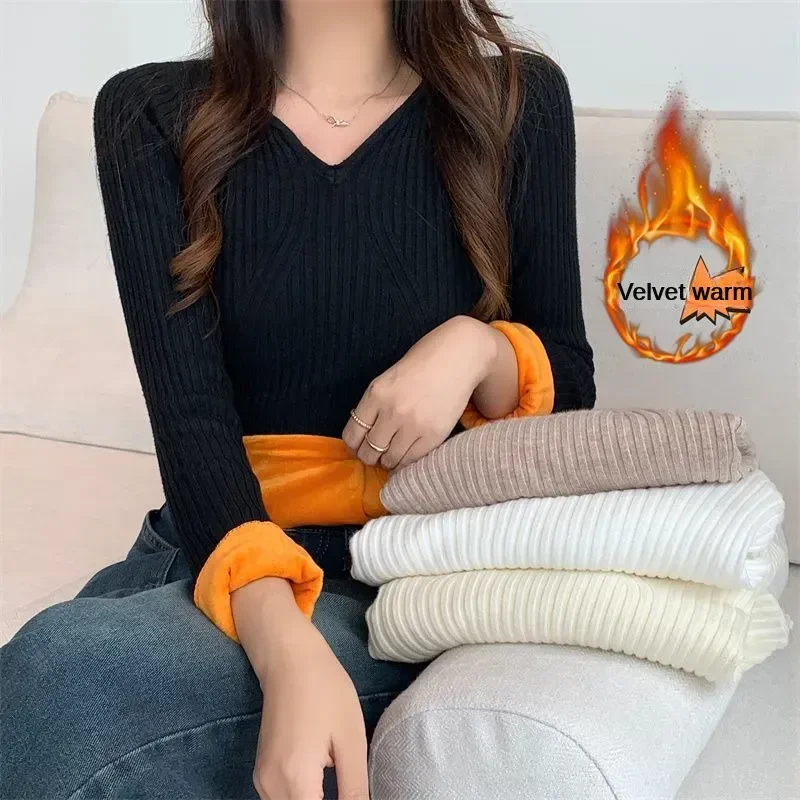 

Top Velvet Women Thickened Sweater Color Shirt Thermal Winter Thermal Long-sleeved Solid Bottoming Underwear Knitted V-neck