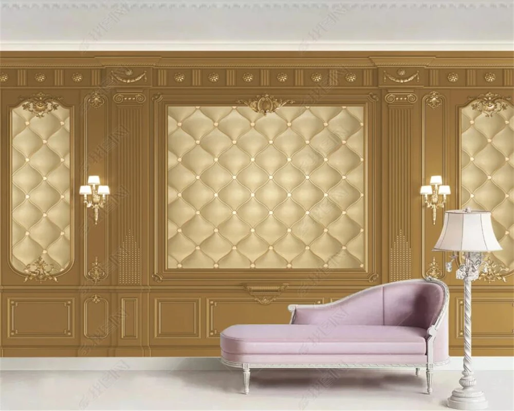 

beibehang papier peint Customized new golden gypsum line European style carved leather soft bag TV background wallpaper