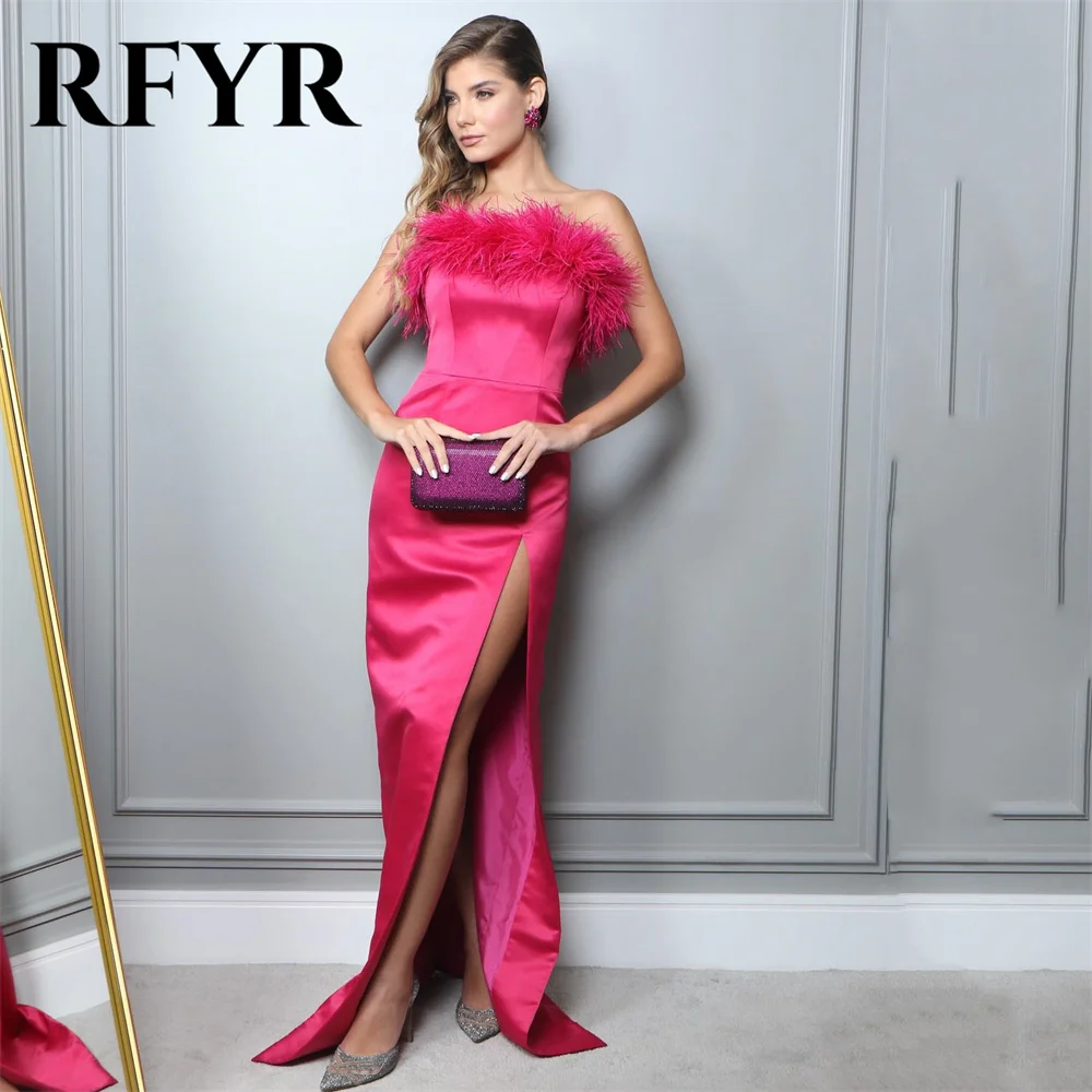 

RFYR Fuchsia Evening Dresses Strapless Satin فستان سهرة Feathers Sexy Side High Split Prom Dress Trumpet Pleated Prom Dress