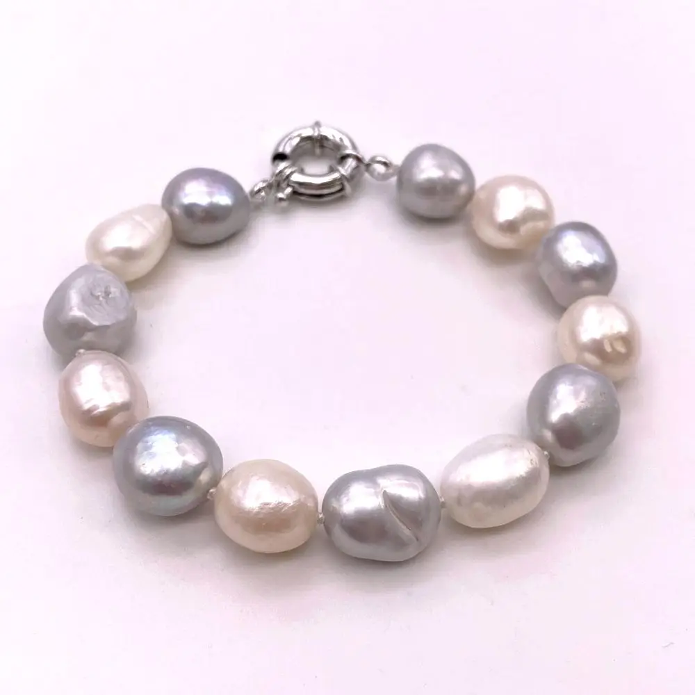 11mm Semi Baroque Irregular Bracelet Bangle White Grey Mixed Color Natural Freshwater Pearls Summer And Simple 4