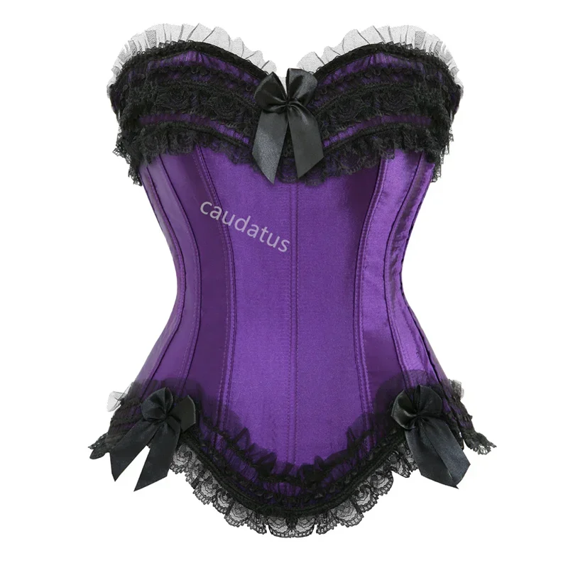 Pink corset bustier Satin overbust top Zipper side bowknot decorated clubwear showgirl body shaper sexy lingerie plus size
