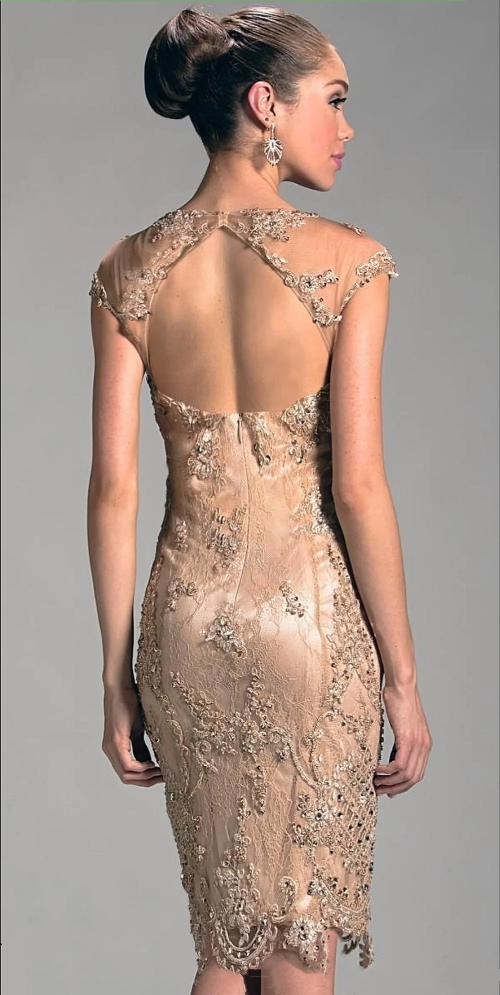 Mother Bride Dresses Champagne Mermaid Mother of the Bride Dress Cap Sleeve Jewel Lace Crystal Beaded Short Ceremony Banquet Wedding Guest Prom Gowns