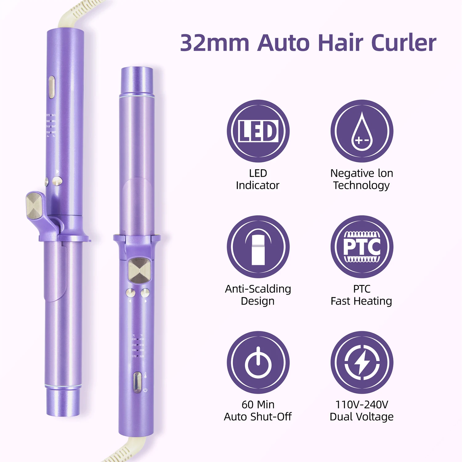 Auto Hair Curler 32mm Ionic Ceramic Coating 450&deg;F Hair Curling Iron Wand Instant Heating Automatic Rotate Curls Tool 110V-240V