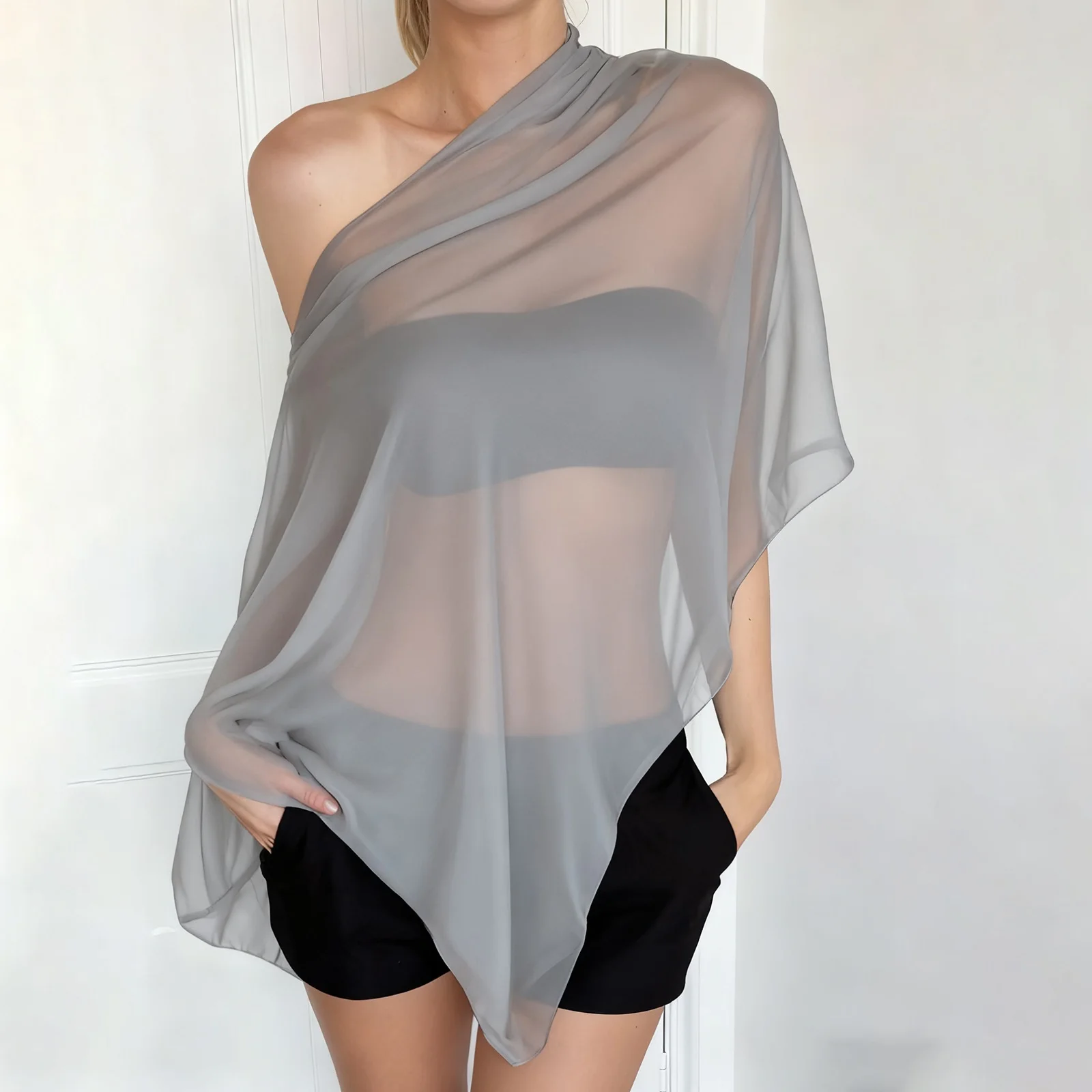 Women Coquette Sexy Sheer Poncho Shawl Asymmetrical Off Shoulder Mesh Flowy Tops Beach Vacation Loose T-shirts Tees Cover-Ups 6