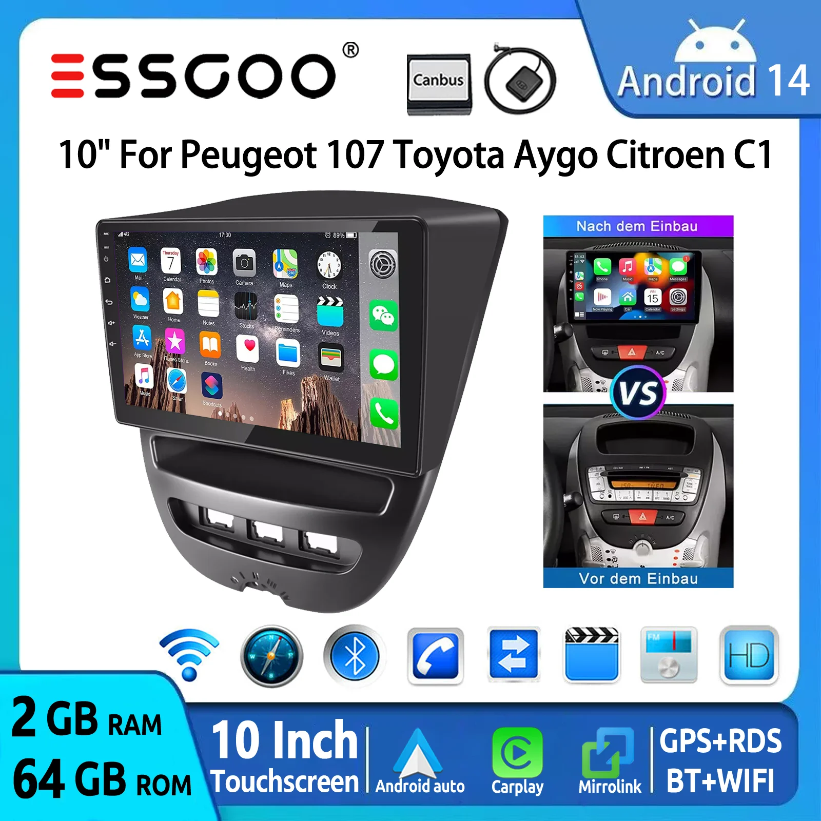 ESSGOO Android 14 2 DIN Autoradio sans fil Carplay Android Auto pour Toyota Aygo PEUGEOT 107 Citroën C1 Écran tactile HD 10" Navigation GPS WiFi BT RDS SWC Mirror Link Lecteur multimédia 1 ESSGOO Android 14 2 DIN Autoradio sans fil Carplay Android Auto pour Toyota Aygo PEUGEOT 107 Citroën C1 Écran tactile HD 10" Navigation GPS WiFi BT RDS SWC Mirror Link Lecteur multimédia 1