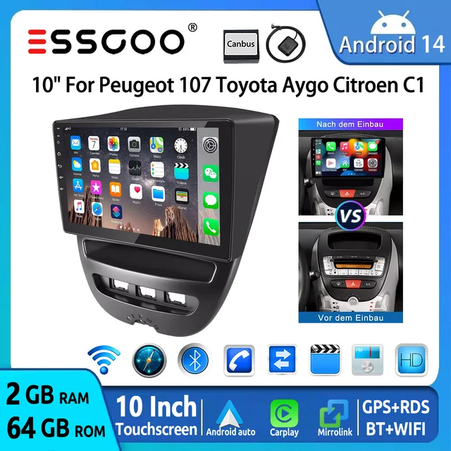 ESSGOO Android 14 2 DIN Autoradio sans fil Carplay Android Auto pour Toyota Aygo PEUGEOT 107 Citroën C1 Écran tactile HD 10" Navigation GPS WiFi BT RDS SWC Mirror Link Lecteur multimédia 1