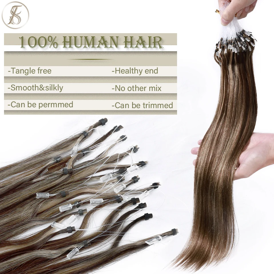 TESS Micro Loop Hair Extensions Human Hair Micro Link 0.5g/strand Ring 18inch 100pcs Keratin Capsule Straight Natural human hair extensions