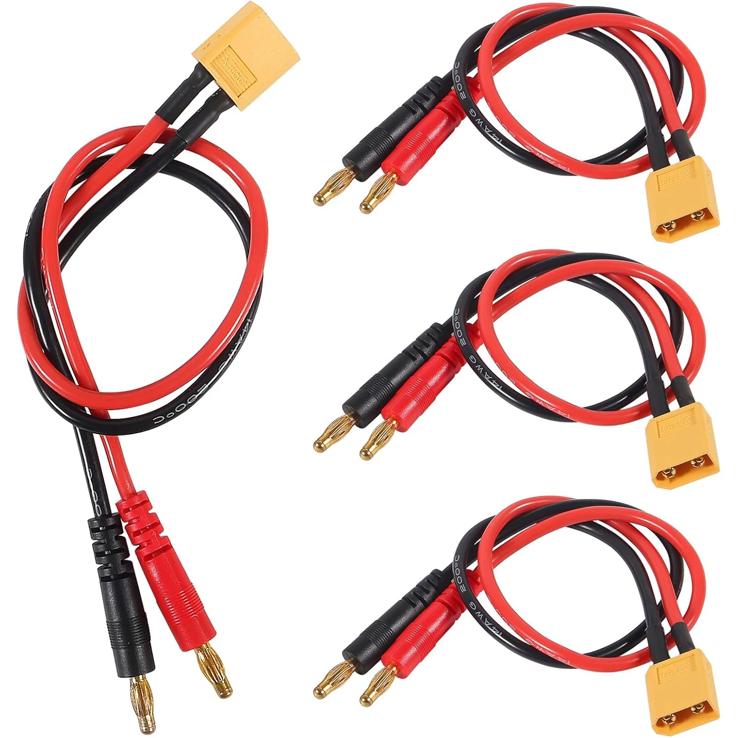 Gros plan sur le connecteur XT60 mâle du câble adaptateur pour chargeur RC, isolation noire et rouge.