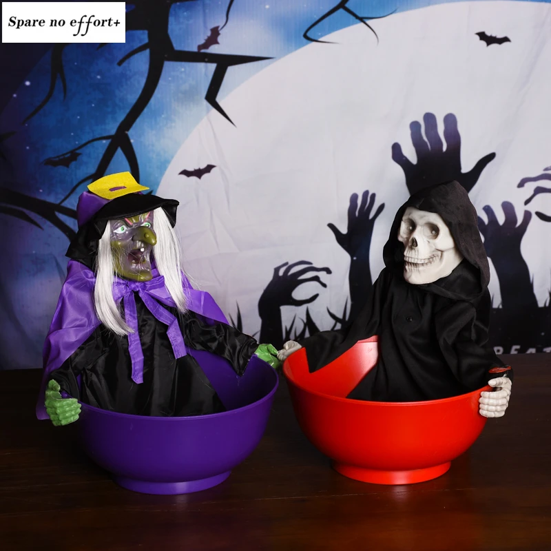 Halloween  Funny Electric Toy Witch Candy Bowl Halloween Decorations for Home 2022 Witch Horror Ghost Call Voice Control