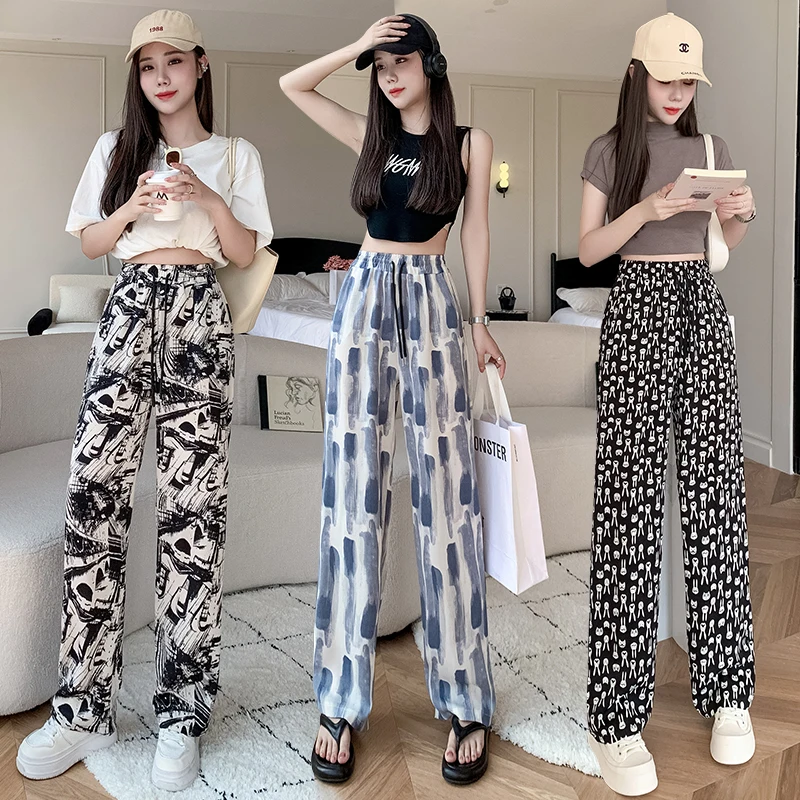 

Ladies Slouchy Baggy Drawstring Graffiti Straight Pants Women Bottoms Pants Girls Fashion Wide Leg Trousers Female Loose Clothes