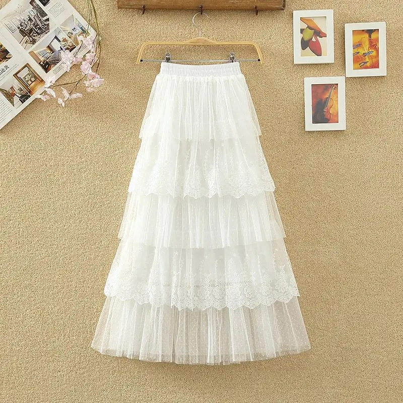 

Женская элегантная кружевная юбка в стиле пэчворк, романтичная однотонная трапециевидная юбка средней длины с высокой талией и многоярусной сеткой, Q785, 2024