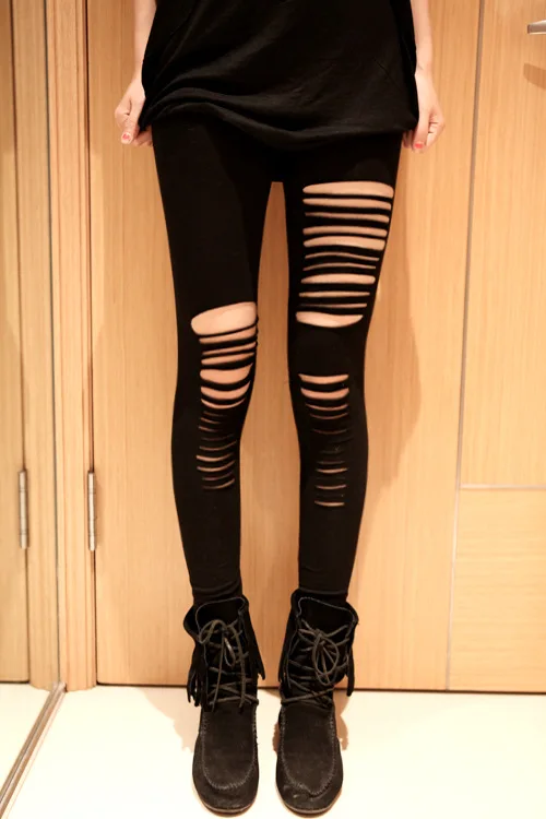 Sexy Leggings Ripped Leggins Women Low Waist Pants Hollow Out Leggings Stretch Dancing Club Street Pants image