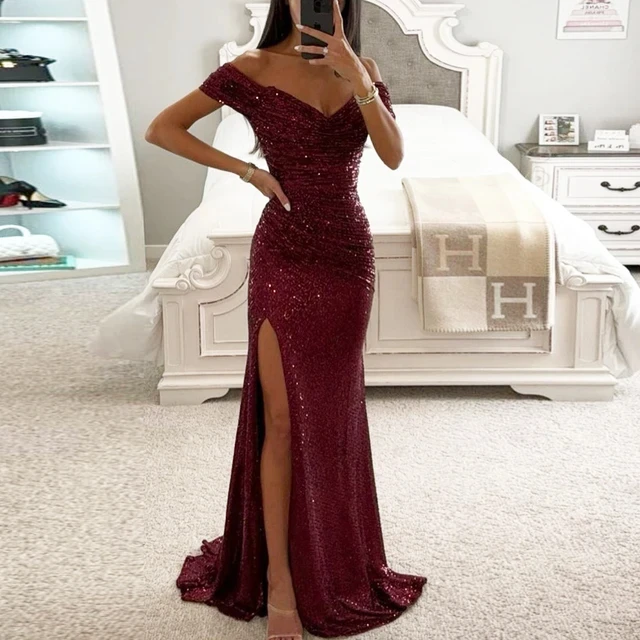 

LISER Women Vintage Sequined V Neck Off Shoulder Slim Sexy Split Long Dress Evening Party Maxi Dresses