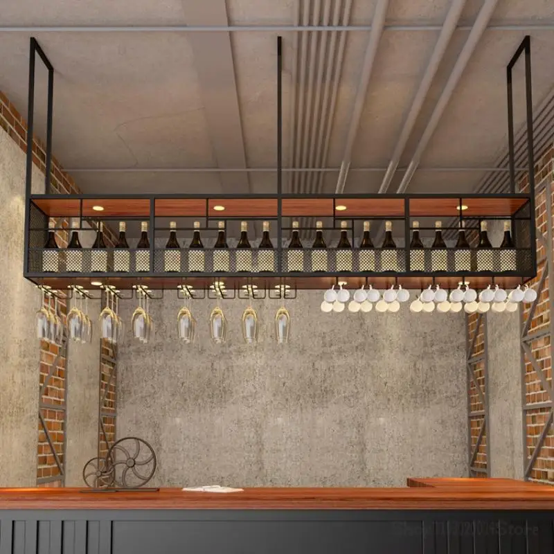 Industrial Wine Rack Hanging Cabinet Bar Table Hanging Rack Wine Glass Iron Bar Display Inverted Storage