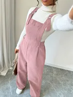 Women Casual Jumpsuit Corduroy Wide Shoulder Straps Button Detail Solid Color Relaxed Fit Autumn Winter Hand Wash Only - Image 6