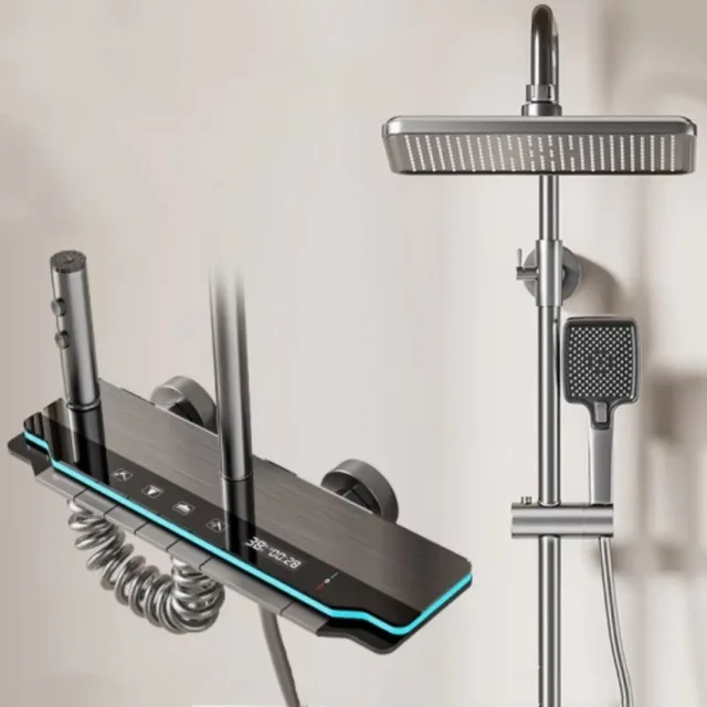 4 ฟังก์ชั่นหรูหราห้องน้ําก๊อกน้ําชุดจอแสดงผลอุณหภูมิแบบดิจิตอลพร้อมฝักบัวไฟร้อนเย็นก๊อกน้ํา 1