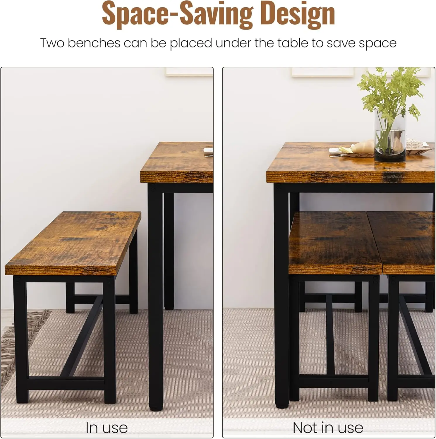 3-Piece Dining Table Set for 4, 43'' Dining Room Table Set with 2 Benches, Space-Saving Dinette Table with Metal Frame MDF Board 5