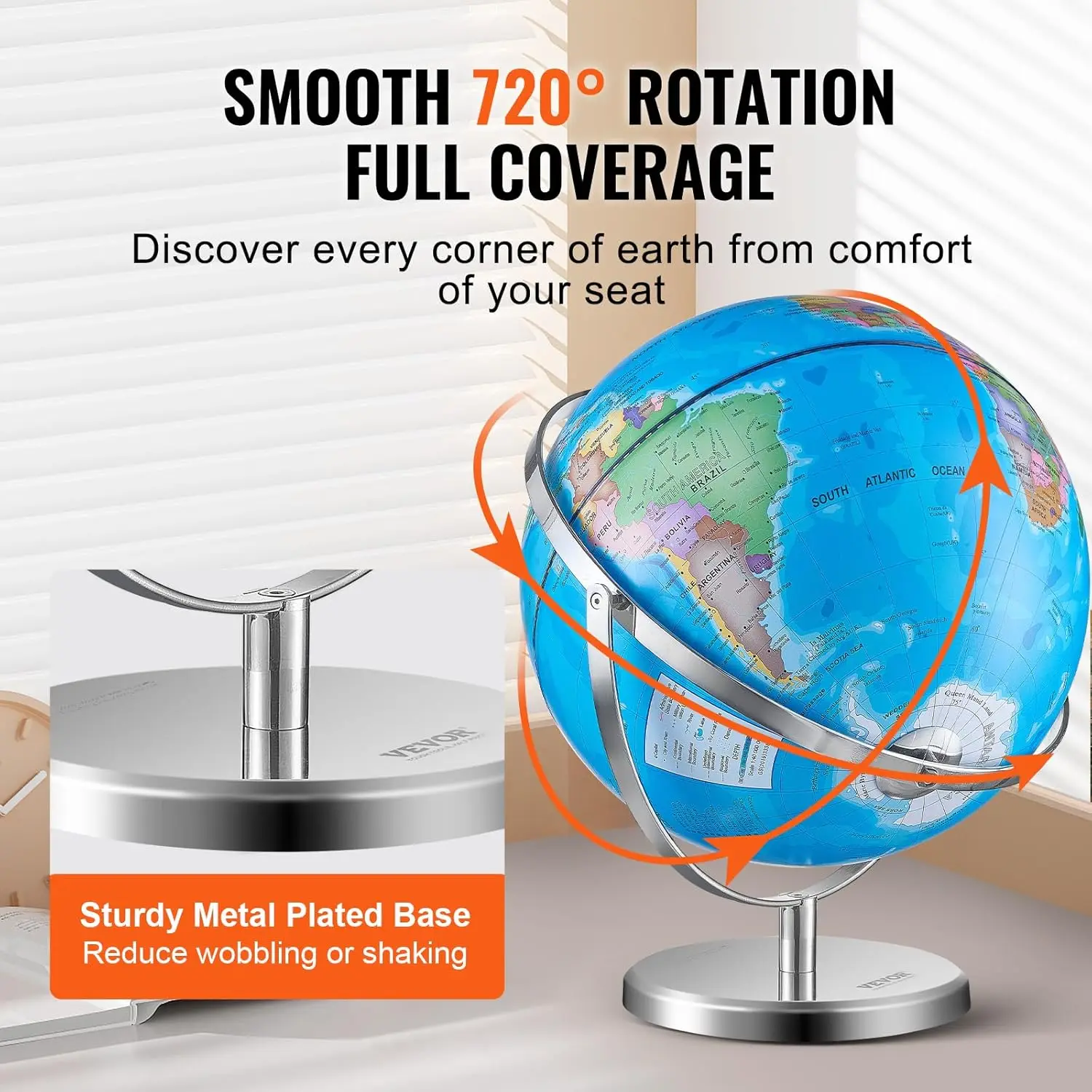 Illuminated World Globe with Stand, 13 in/330.2 mm, Educational Earth Globe with Stable Heavy Metal Base HD Printed Map 4