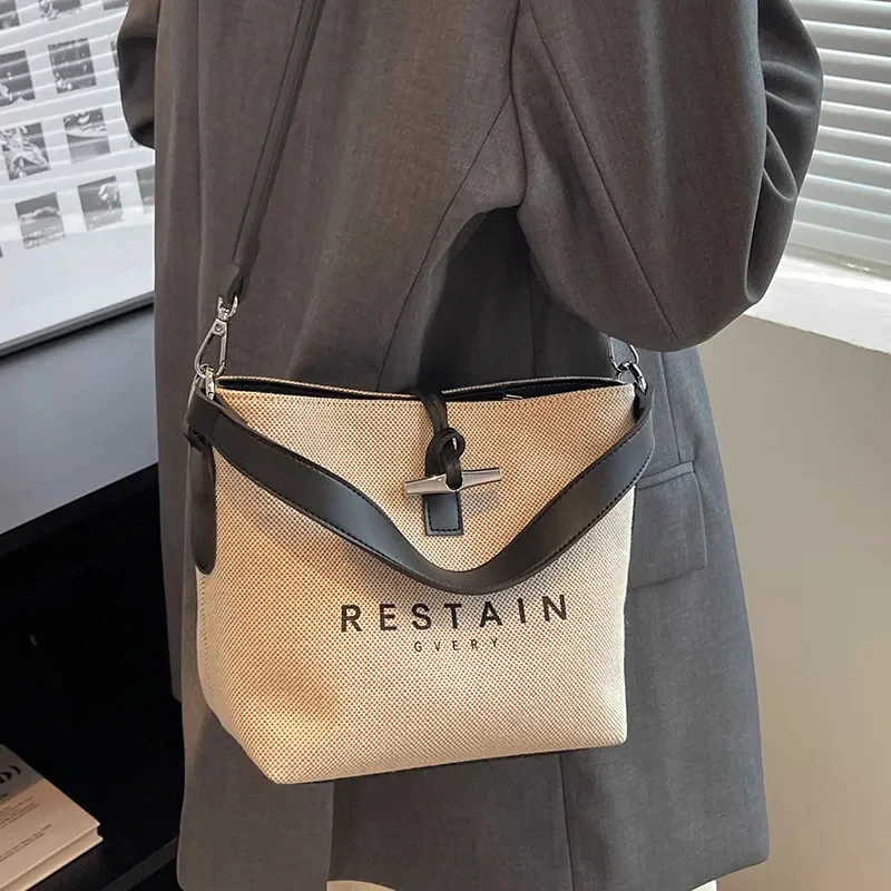 

Women Canvas Shoulder Bags Satchel Versatile Handbag Fashion Print Letter Messenger Bags Simple Casual Bucket Crossbody Bag