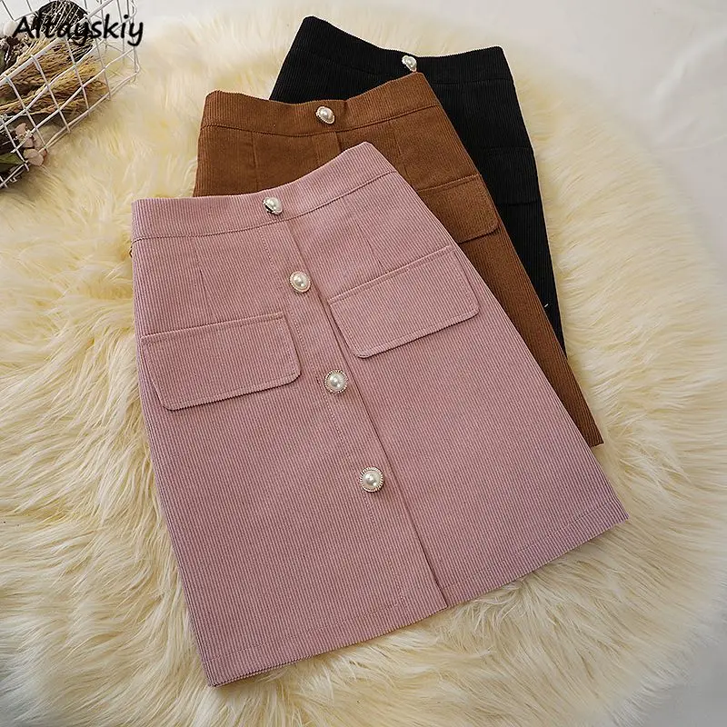 

Vintage Corduroy Mini Skirts Women Button Autumn Winter High Waist All-match Fashion A-line Chic Sweet Female Elegant Streetwear