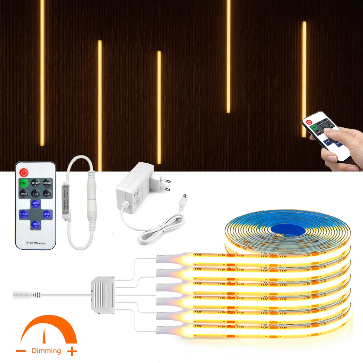 1-6pcs COB Lamp Tape with Dimmable Wireless RF Remoter 12V Light Strip for Storage Cabinet Soundproof Panel Wall Decor Lighting