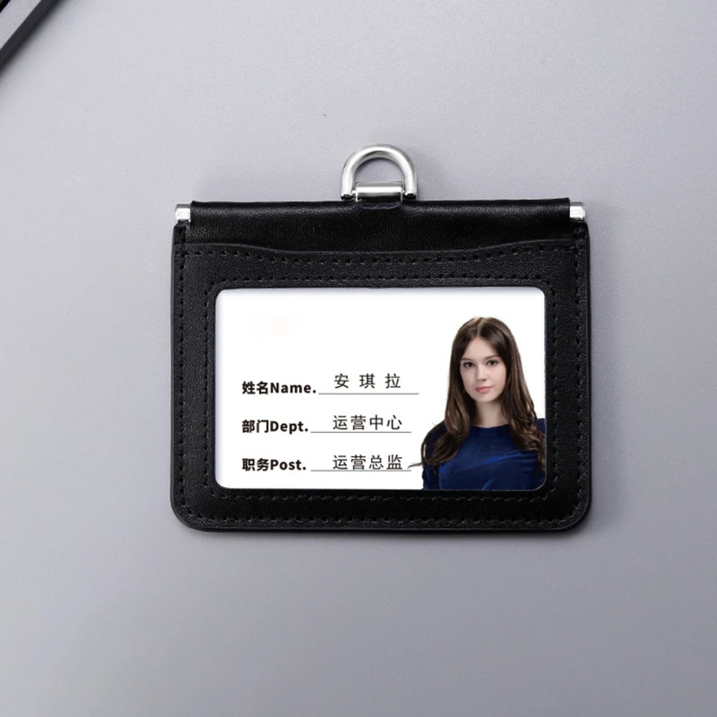 Leather Badge Holder with Clear Window Credit Card Slot Detachable Neck Lanyards