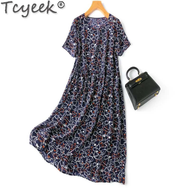 

Tcyeek 100% Mulberry Silk Midi Dress Ladies Summer Clothes Elegant Dresses for Women Beach Dresses Loose Waist Vestido Mujer