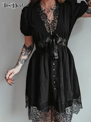 InsDoit Goth Vintage Pleated Textured Lace Panel Dress Women Aesthetic Dress Corsets Patchwork Harajuku Elegant Party Dress 2023