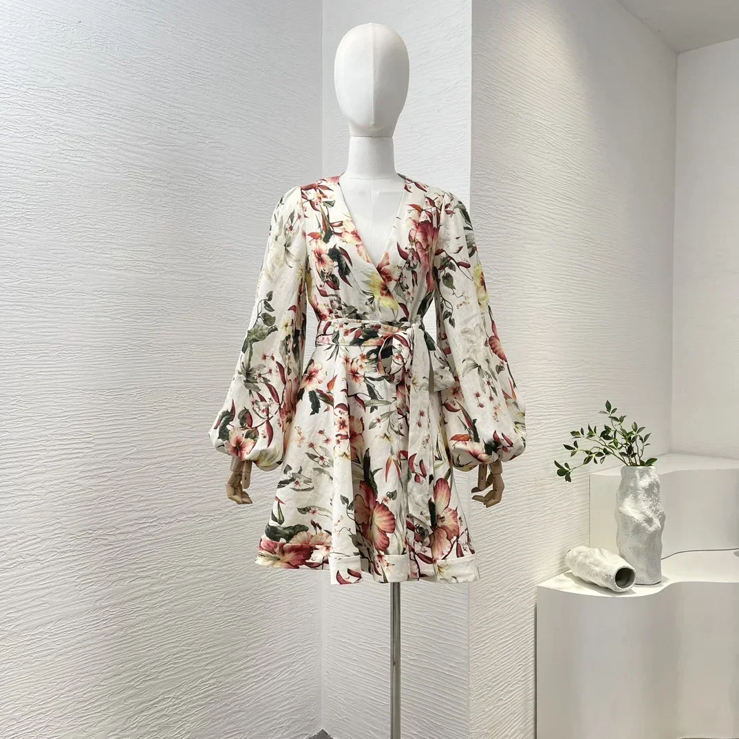 

Женское льняное мини-платье с цветочным принтом, длинным рукавом-фонариком и открытой талией, 2024