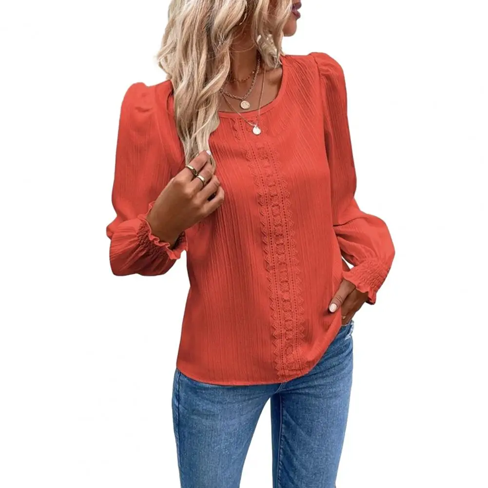

Shirts & Blouses Top Elastic Shirring Cuff Round Neck Loose Lace Patchwork OL Commute Style Long Sleeve Lady Blouse