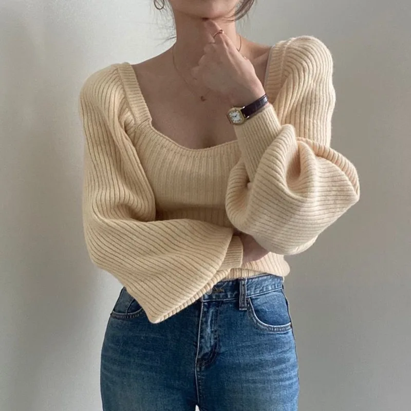 Winter Slim Fit Sweater Retro Square Collar Lantern Sleeves Solid Color Knitted Top Women's Autumn Korean Style Women's Knitwear