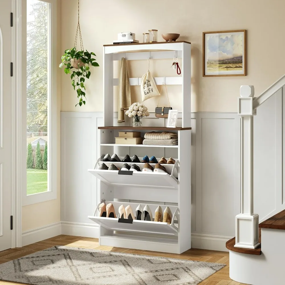 tall shoe cabinet with flip drawers and coat rack, floor standing modern shoe storage organizer, 2-in-1 hall tree with movable h