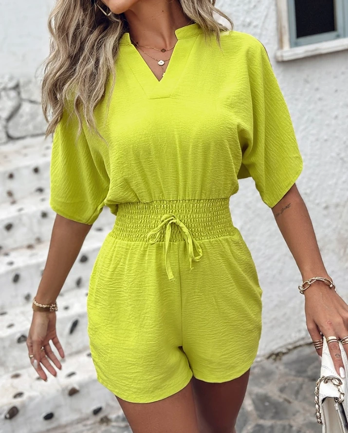 Jumpsuit Women 2024 Summer V-Neck Cold Shoulder Slim Strap Hollow Out Batwing Sleeve Shirred Drawstring Shawl Jumpsuit Tracksuit