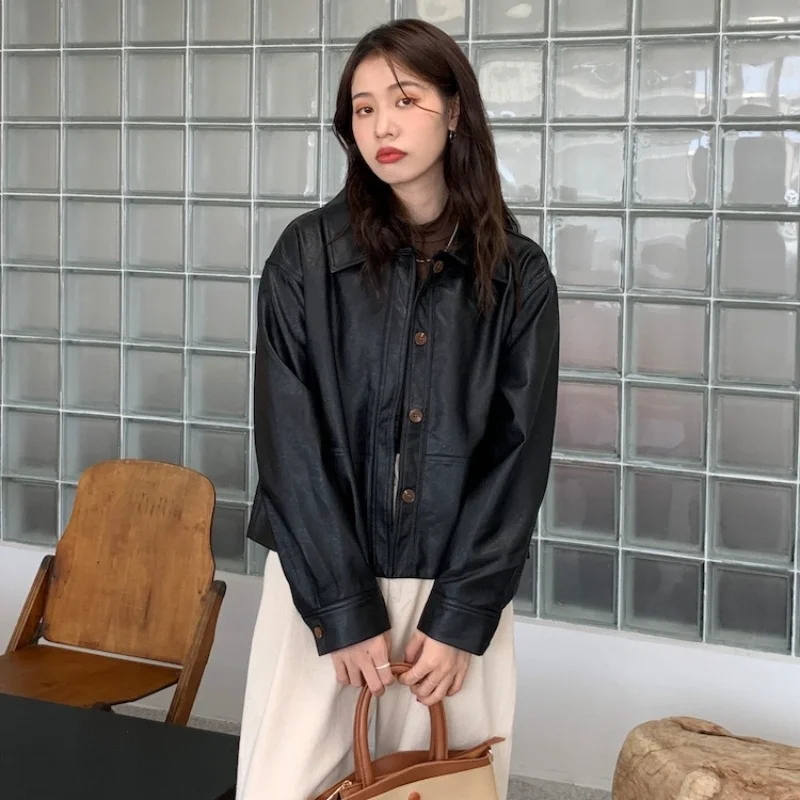 Casual Women's Leather Jacket Spring Autumn 2024 New Retro Lapel Single Breasted Faux Leather Short Coats Tops jaqueta de couro
