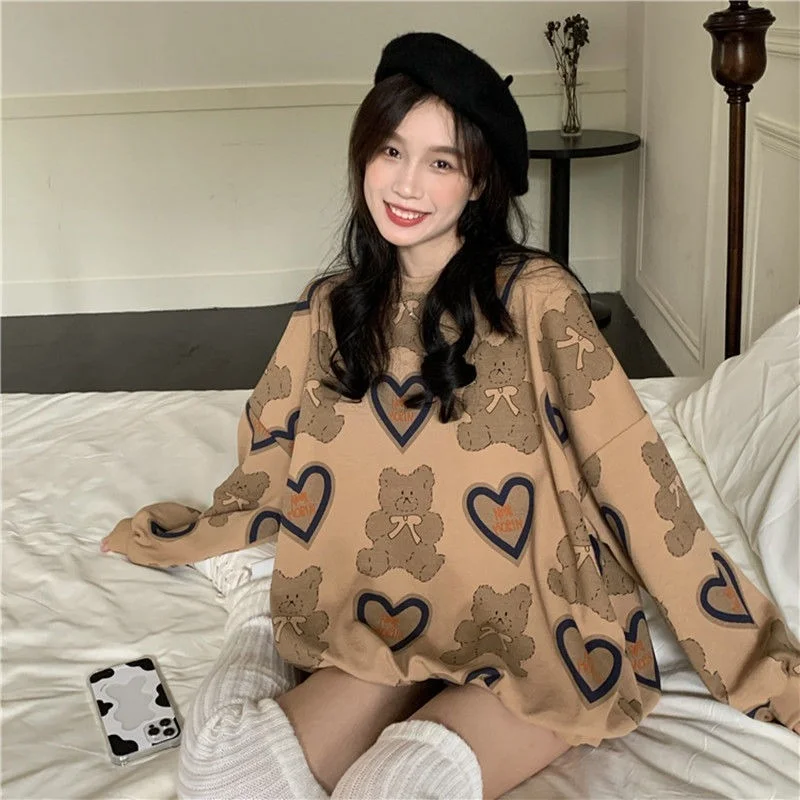 Trui Lange Kawaii Beer Print Vrouwen Mouwen Herfst Hoodie Sweetheart Oversized Ronde Hals Patroon Pullover Streetwear korean