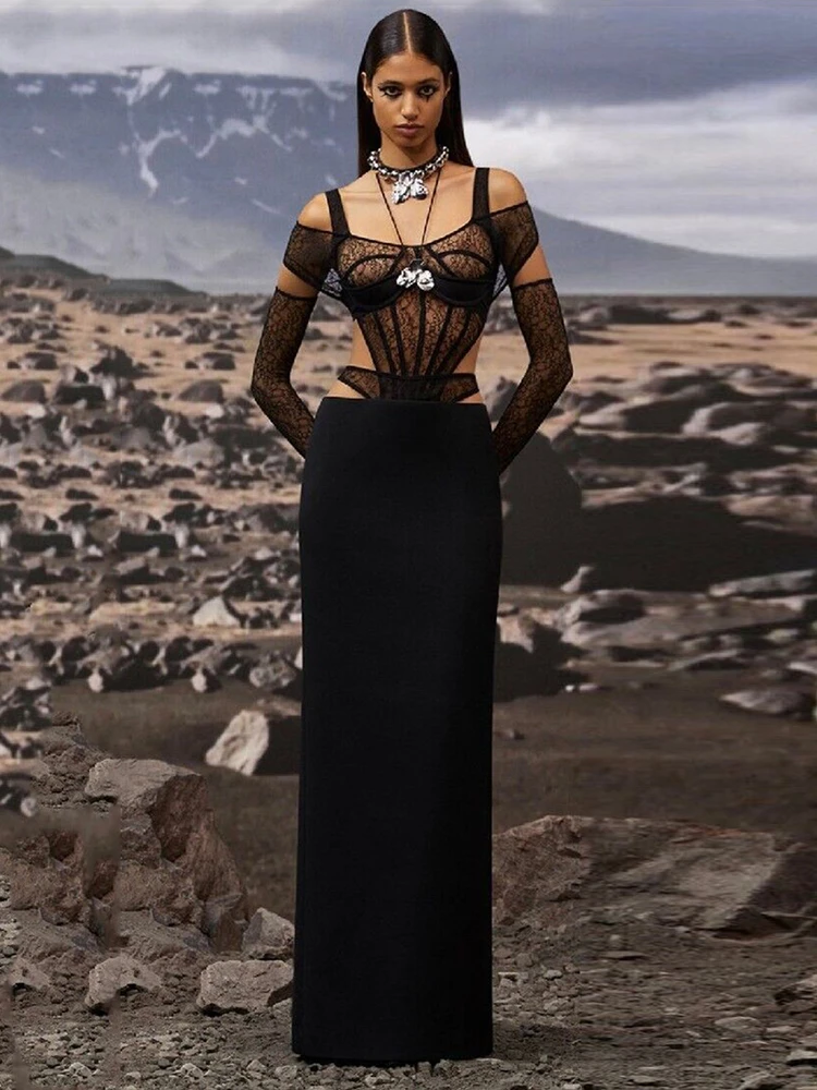 

2023 New Summer Women's Black Sexy Hollow Lace Bra Elastic Tight Long Bandage Dress Elegant Celebrity Party Dress