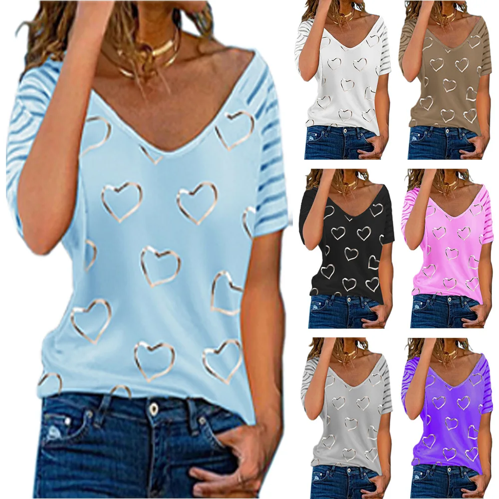 

2022 New Large Women's Polo Love Print V-neck Short Sleeve T-shirt Women's